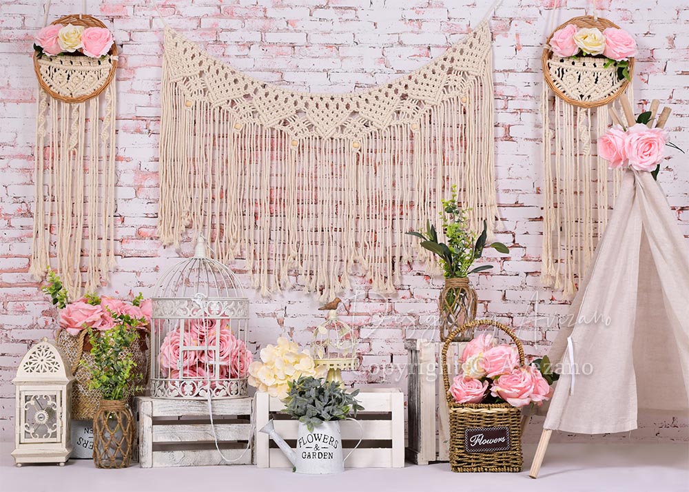 Avezano Brick Wall Background Bohemian Tent Flowers Decoration Photography Backdrop-AVEZANO